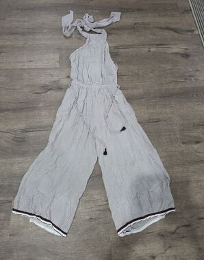 Faithfull the Brand White Polka-Dot Halter Wide-Leg Jumpsuit with Brown Trim